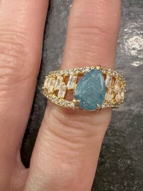 Gold Ring with Teardrop London Blue Sapphire Ice Crystal Stone and Clear Accents